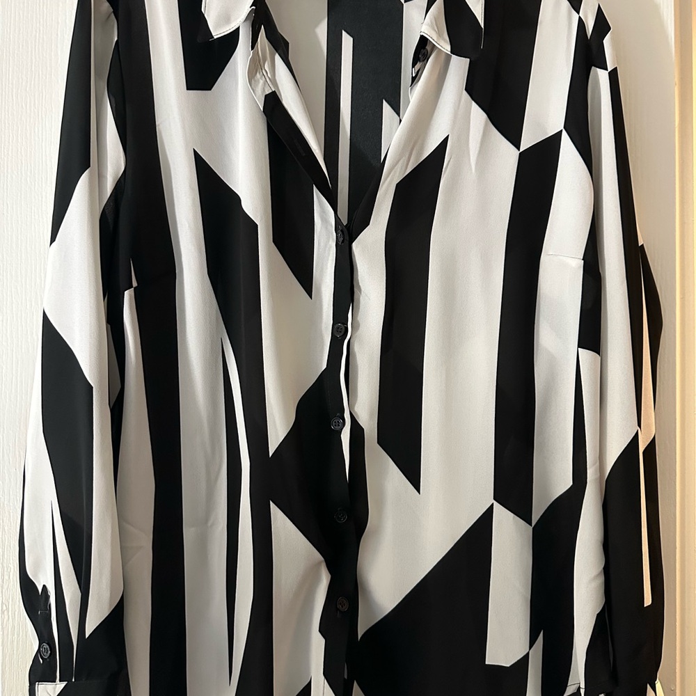 New York & Company Black and White Striped Button Down Shirt